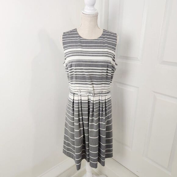 Calvin Klein Dress Womens 12 Gray Striped Career Belted Lined Knee Length Pleats - Picture 14 of 14
